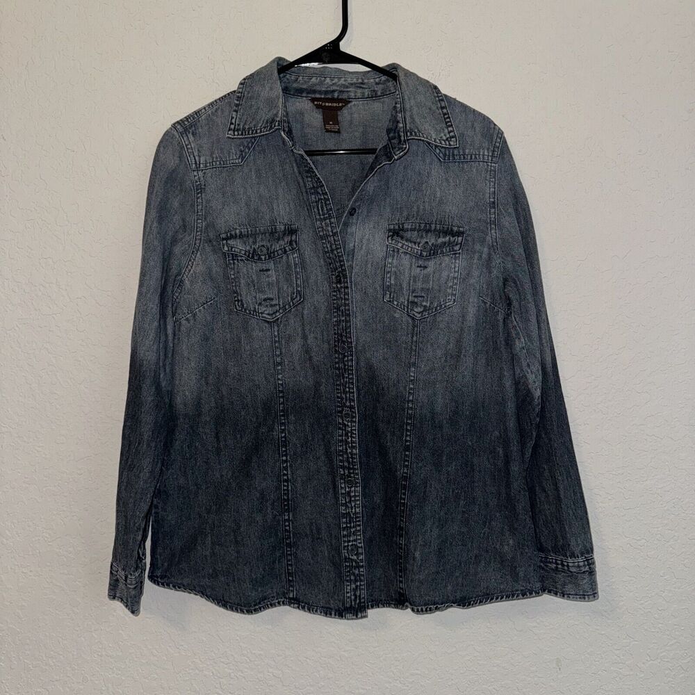 Bit & Bridle Shirt‎ Womens Medium Gray Black Cotton Denim Long Sleeve Button Up